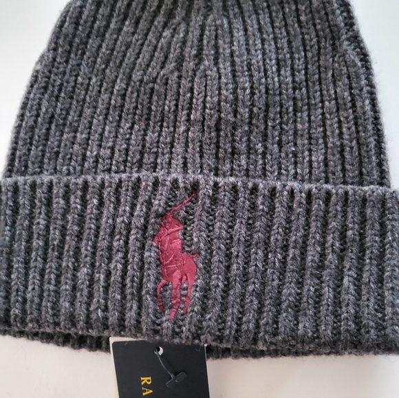 Polo Ralph Lauren Wool ski hat Pom Pom beanie BIG pony logo Dark Gray - Picture 2 of 3